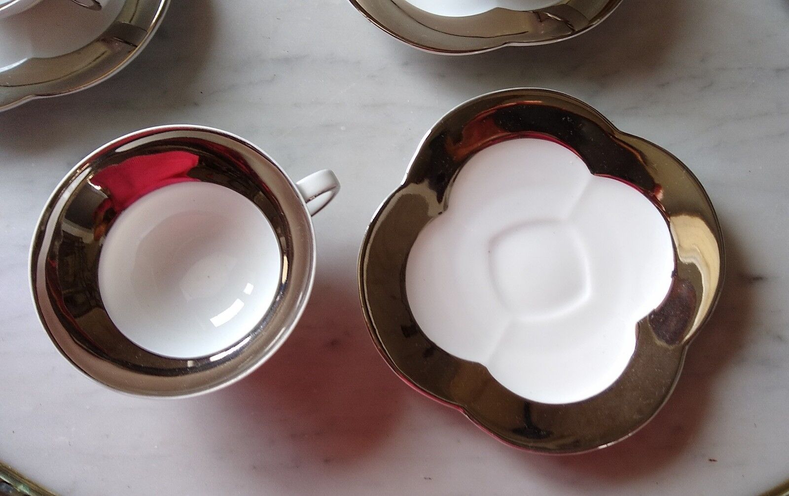 6 tea cups in fine porcelain Epiag white and gray moiré steel