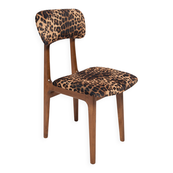 Chaise en velours léopard du milieu du siècle, bois de hêtre, Rajmund Halas, Pologne, 1960s