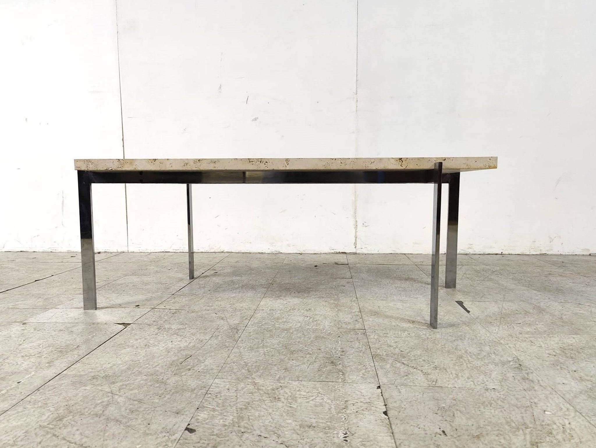 Table basse vintage en travertin et chrome, années 1970
