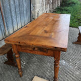 Antique farmhouse table in solid cherry wood with its 2 benches