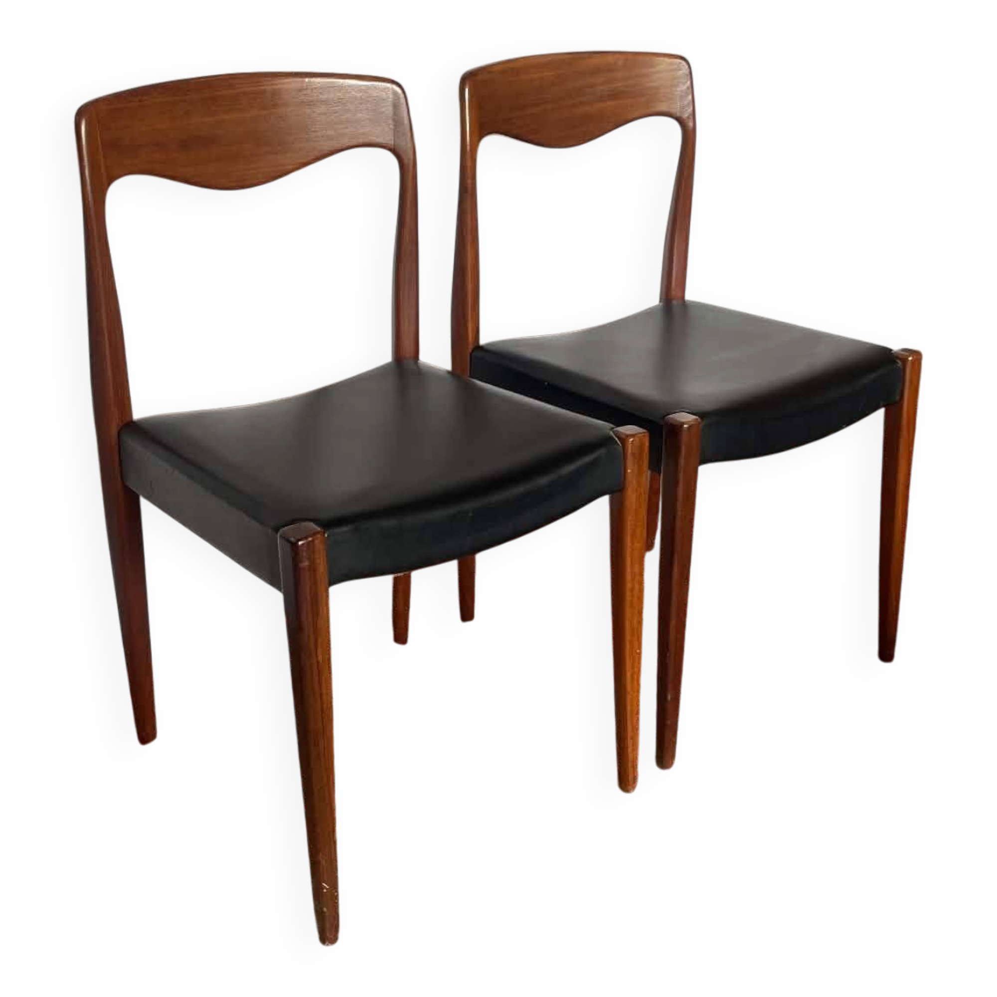 Pair of vintage teak chairs with black faux leather – Scandinavian style