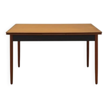 Danish extendable dining table, teak veneer, solid wood legs, leaf storage, 1970s