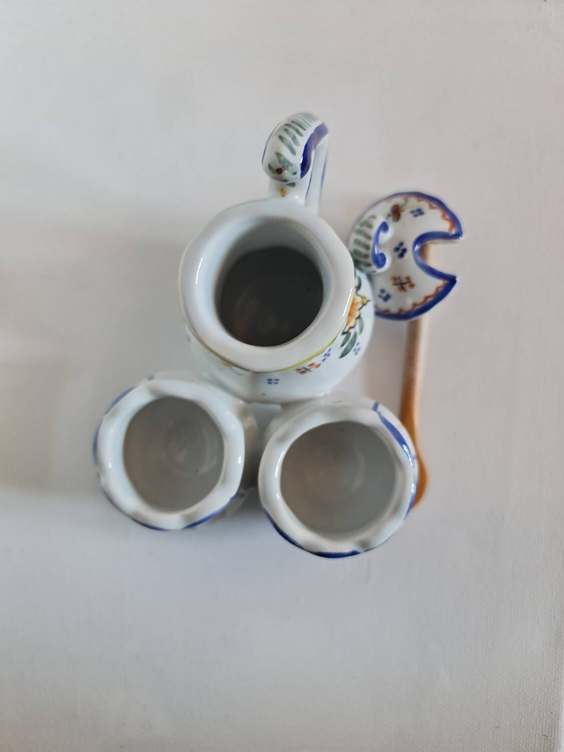 Mustard, salt and pepper shaker set with Rouen decor