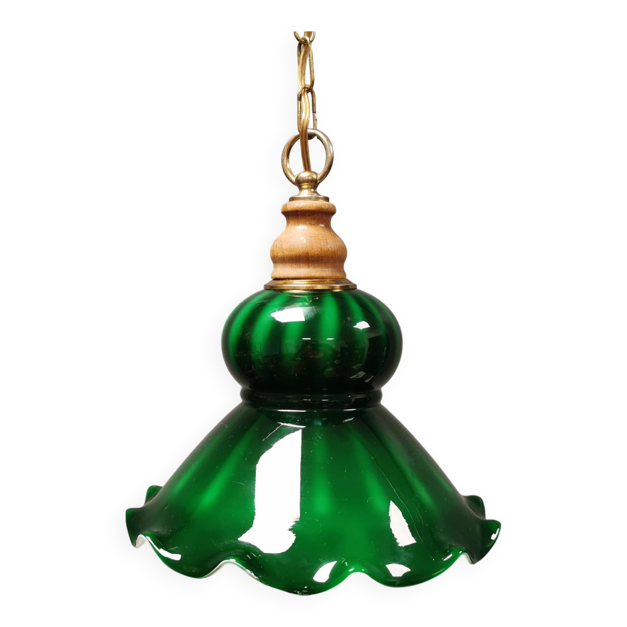 green hanging lamp in double layer glass (white inside) with wooden top and safety chain,