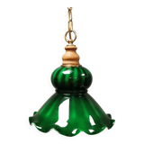 green hanging lamp in double layer glass (white inside) with wooden top and safety chain,