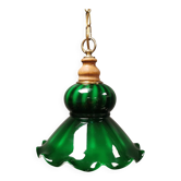 green hanging lamp in double layer glass (white inside) with wooden top and safety chain,