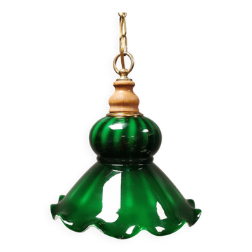 green hanging lamp in double layer glass (white inside) with wooden top and safety chain,
