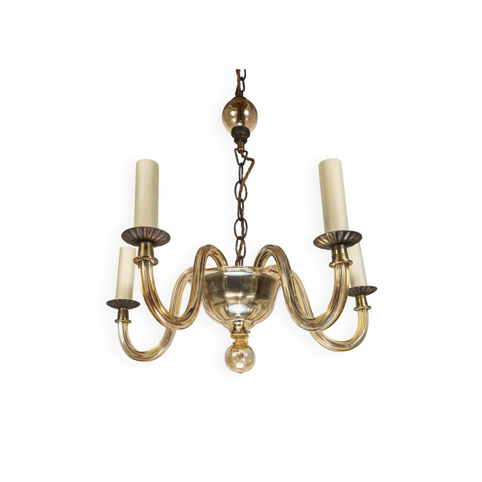 Vintage Murano 5-Arm Ribbed Topaz Glass Chandelier Pendant Lamp