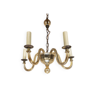 Lustre suspendu vintage en verre de Murano à 5 branches et nervures