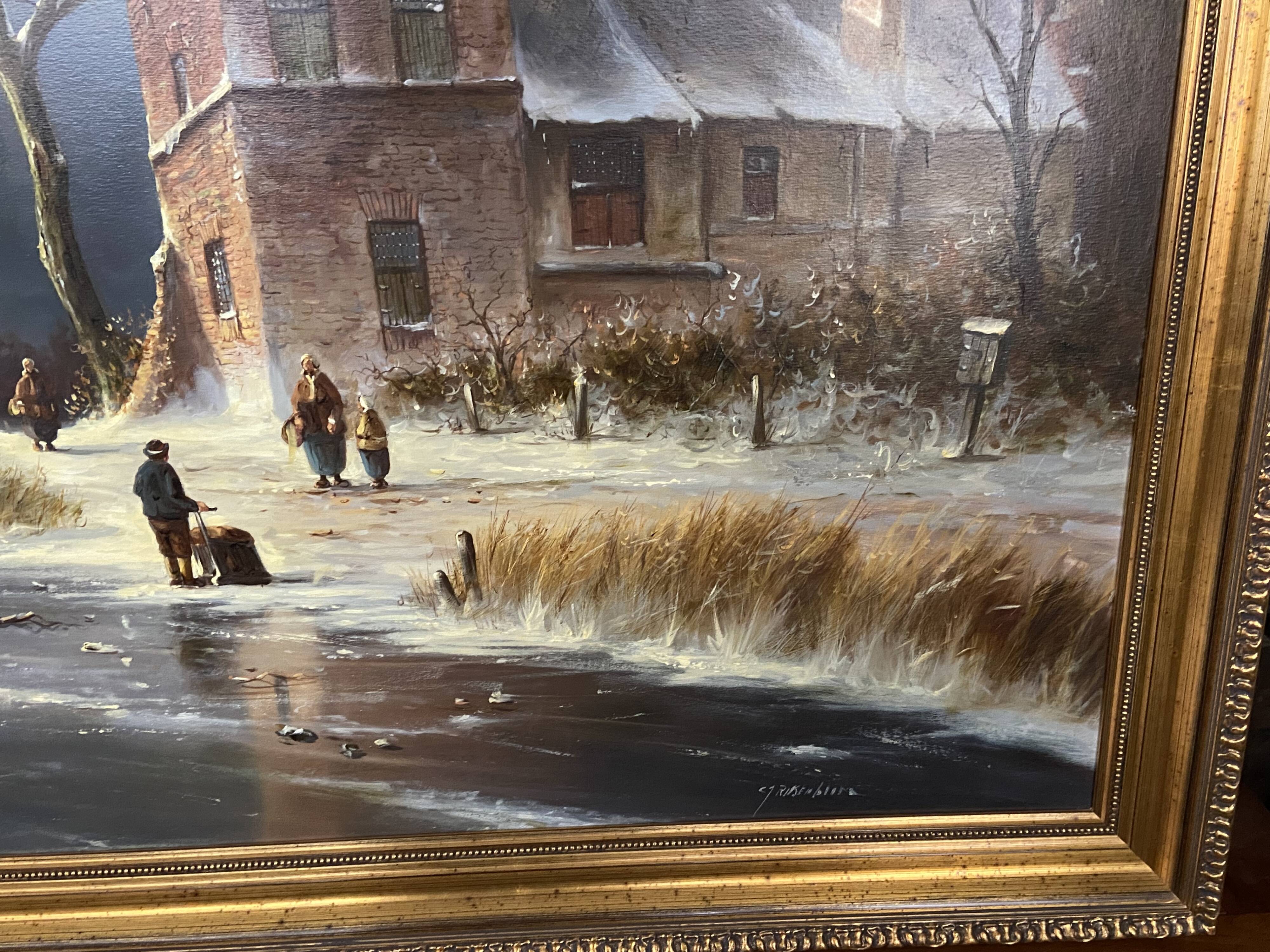 Huge oil painting on canvas Dutch school winter landscape 164x132