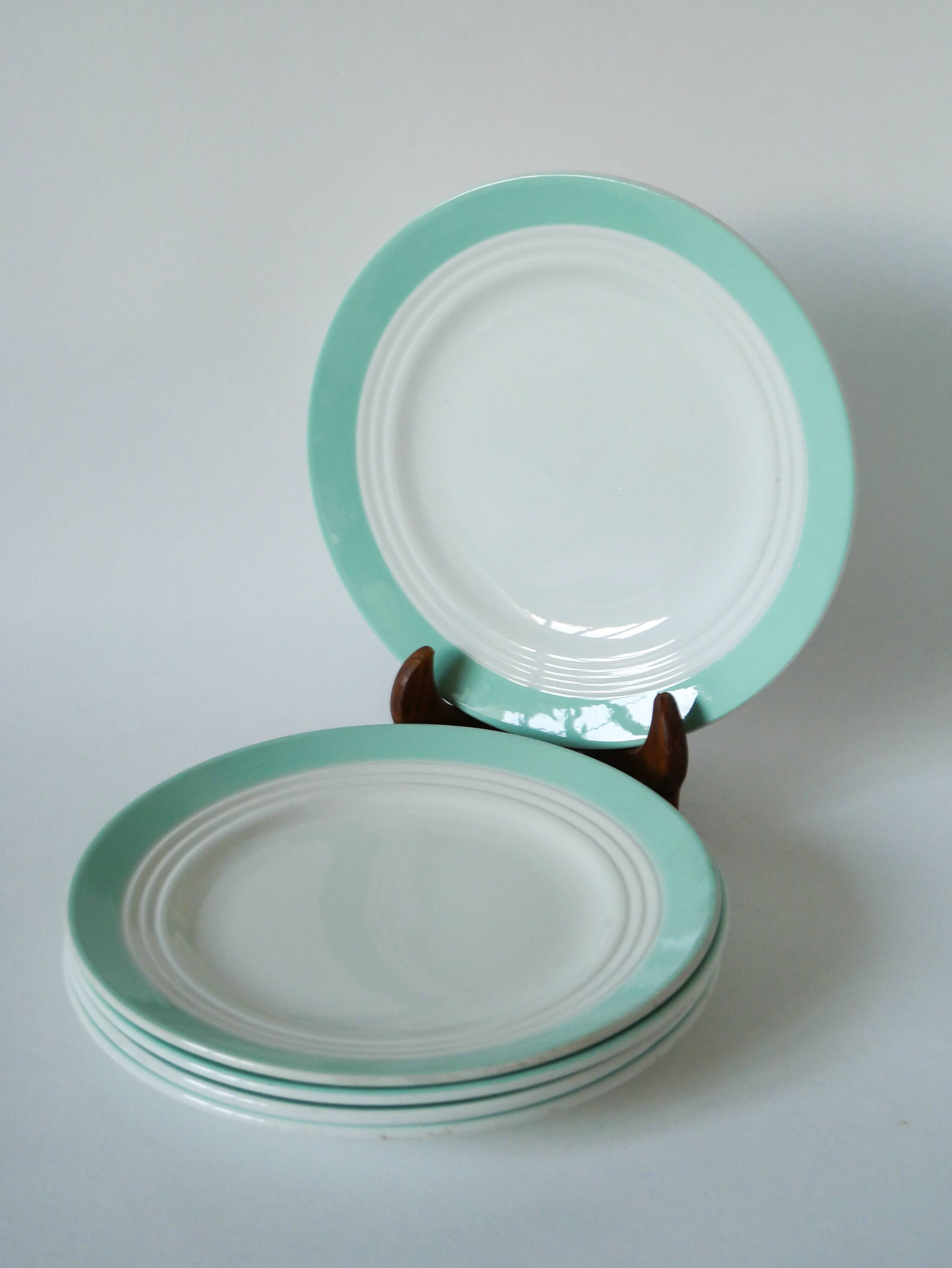 Set of 5 Saint-Smand dessert plates with mint colored edge, 1950