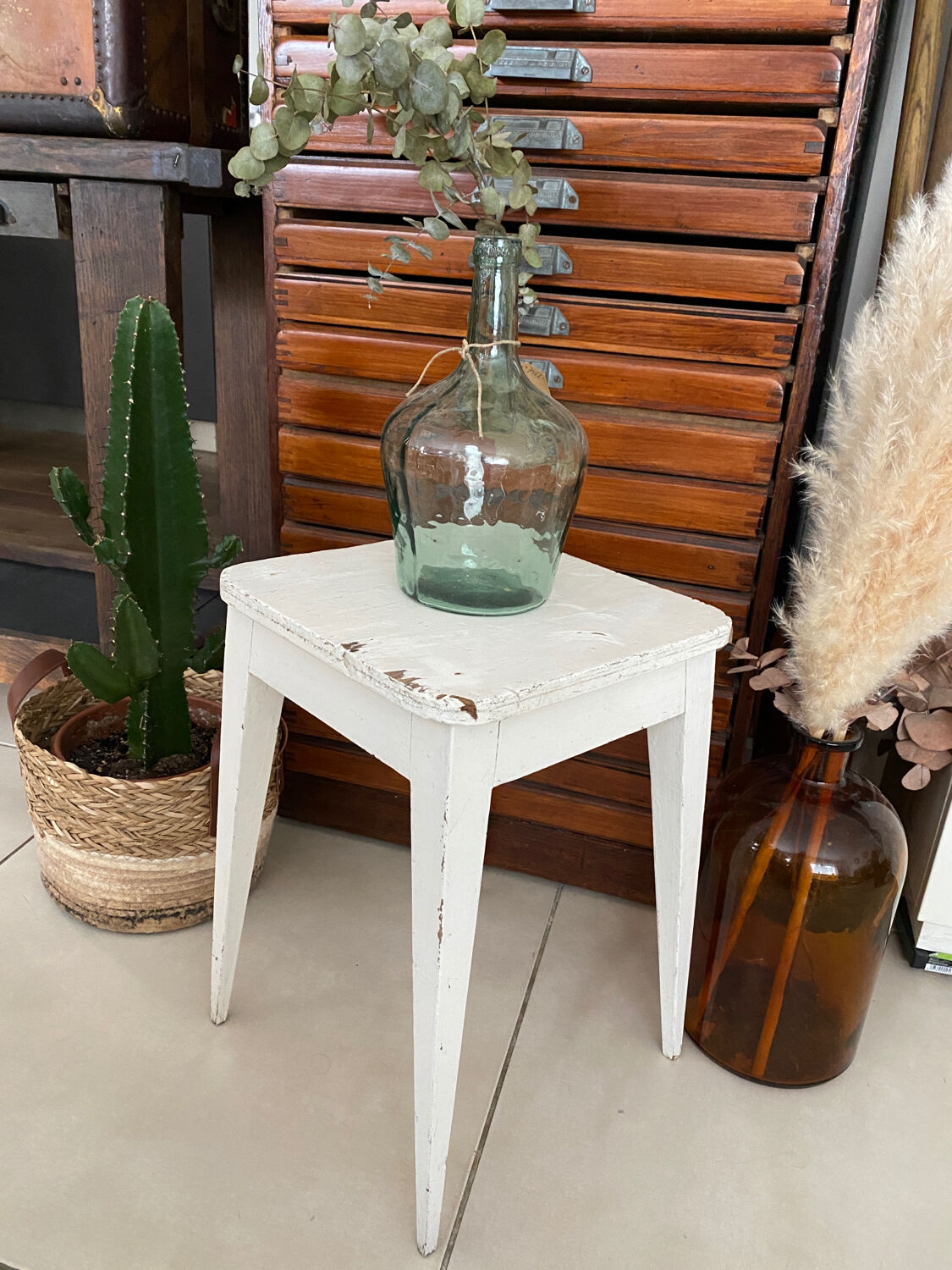 Vintage white wooden stool
