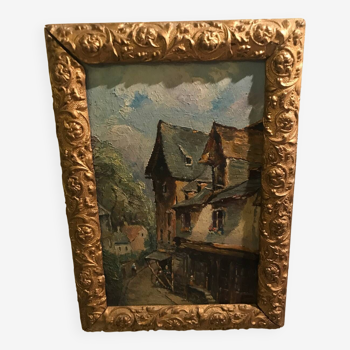 Oil on wood village scene