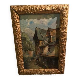 Oil on wood village scene