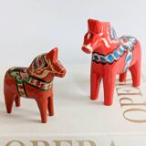 Set of 2 Vintage Swedish Dala Horses in Wood, Hand-Painted Red