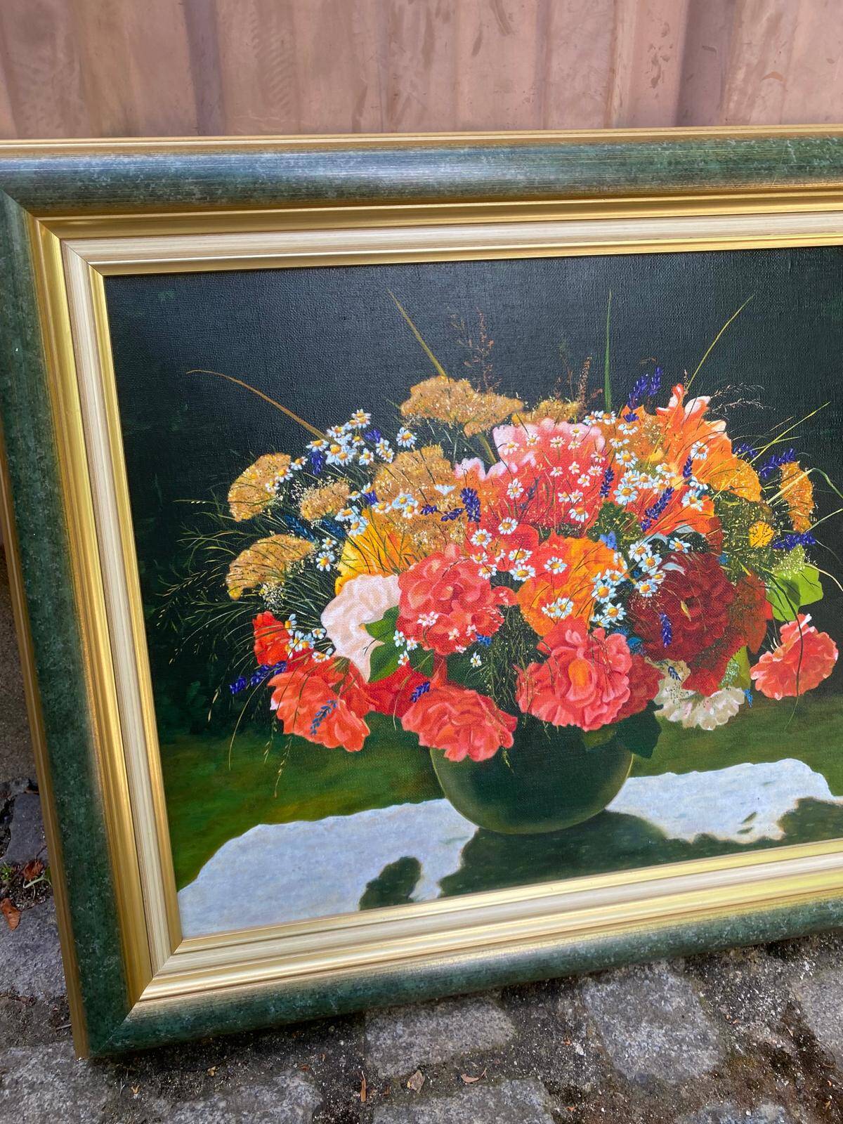 Old painting on canvas with Frey green and gold frame 58x51cm