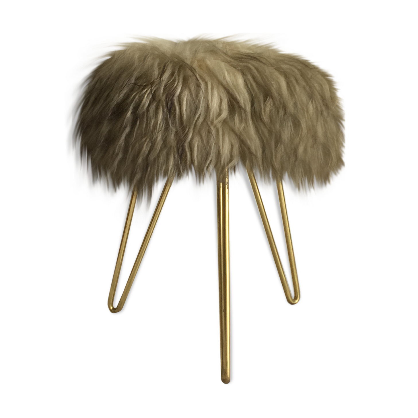 Tabouret vintage laine d’agneau sur les jambes du trépied des années 1950