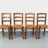 Set of 4 vintage brutalist chairs in wood and straw from the 60s