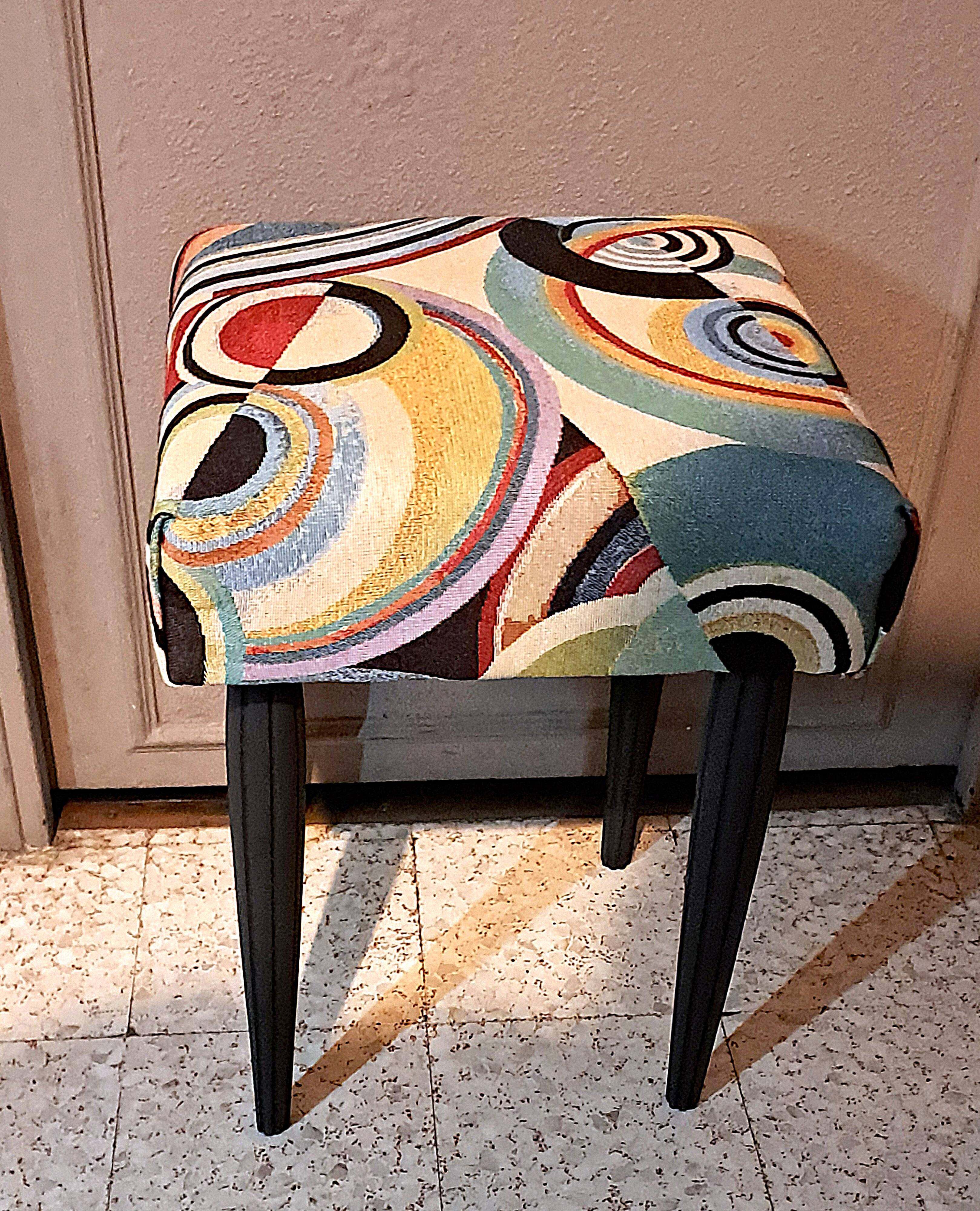 Wooden stool, upholstery restoration, 20th century, occasional furniture