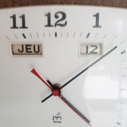 Calendar clock in brown formica, vintage, 50s, functional