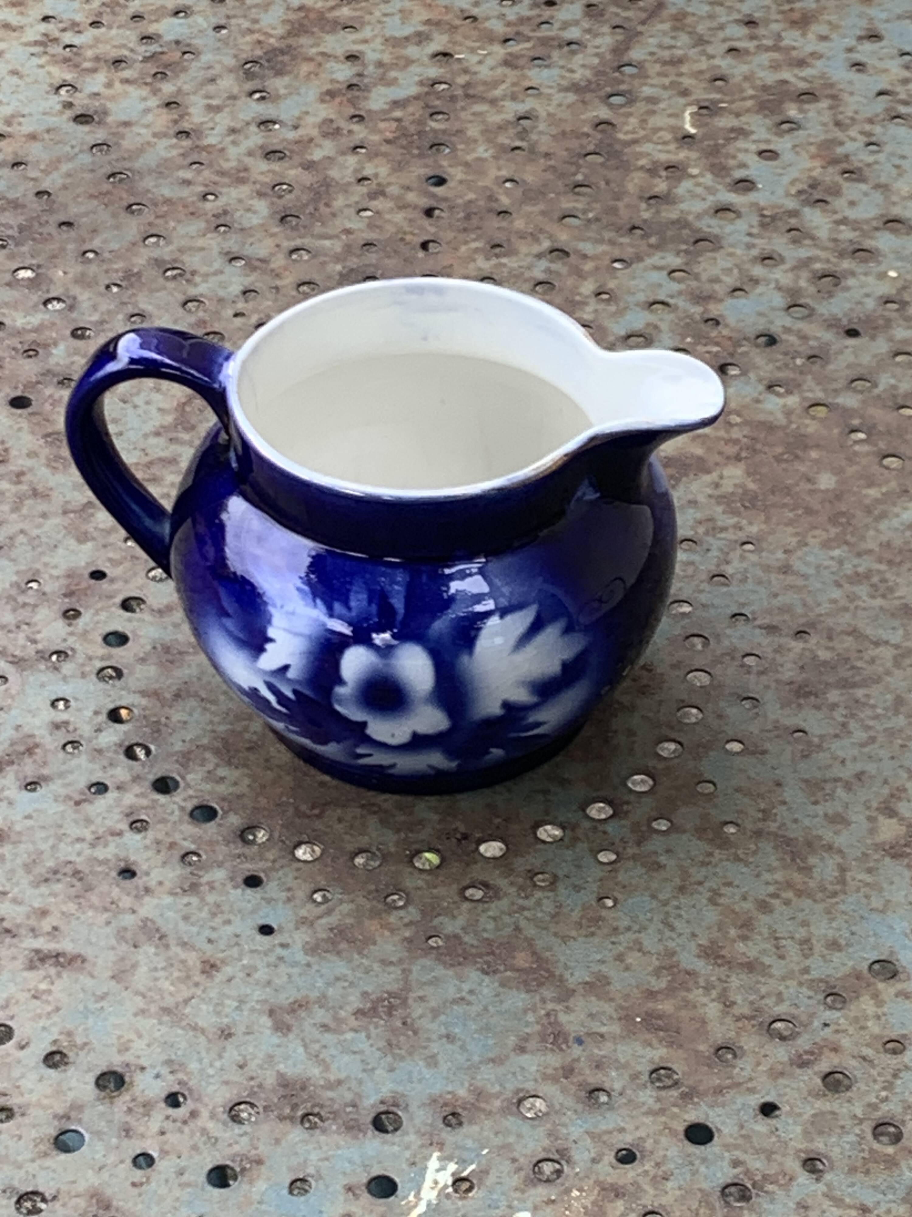 Milk jug with blue and gold peony pattern, made in England,