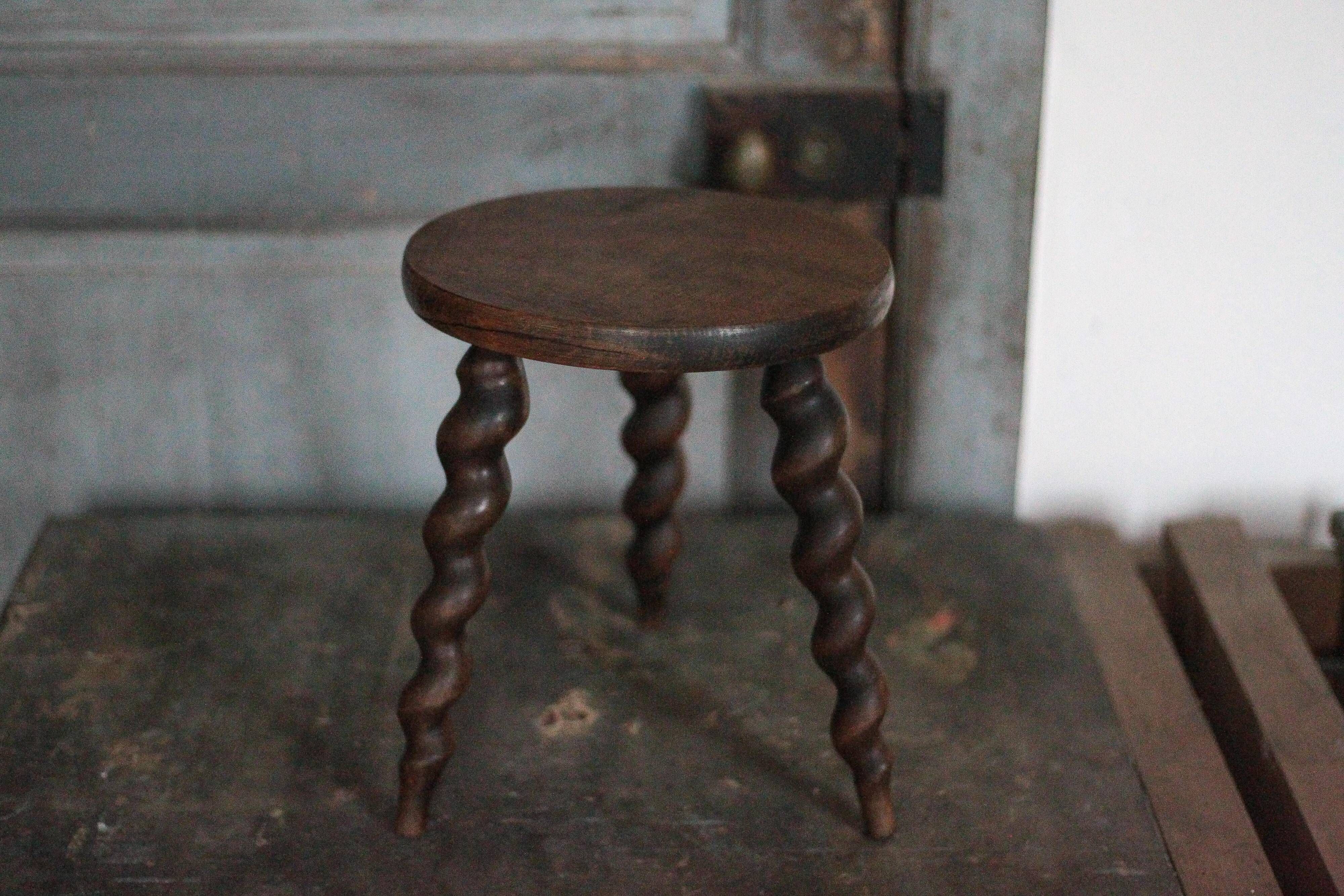 Vintage stool, wooden stool, tripod stool with turned legs, plant stand.