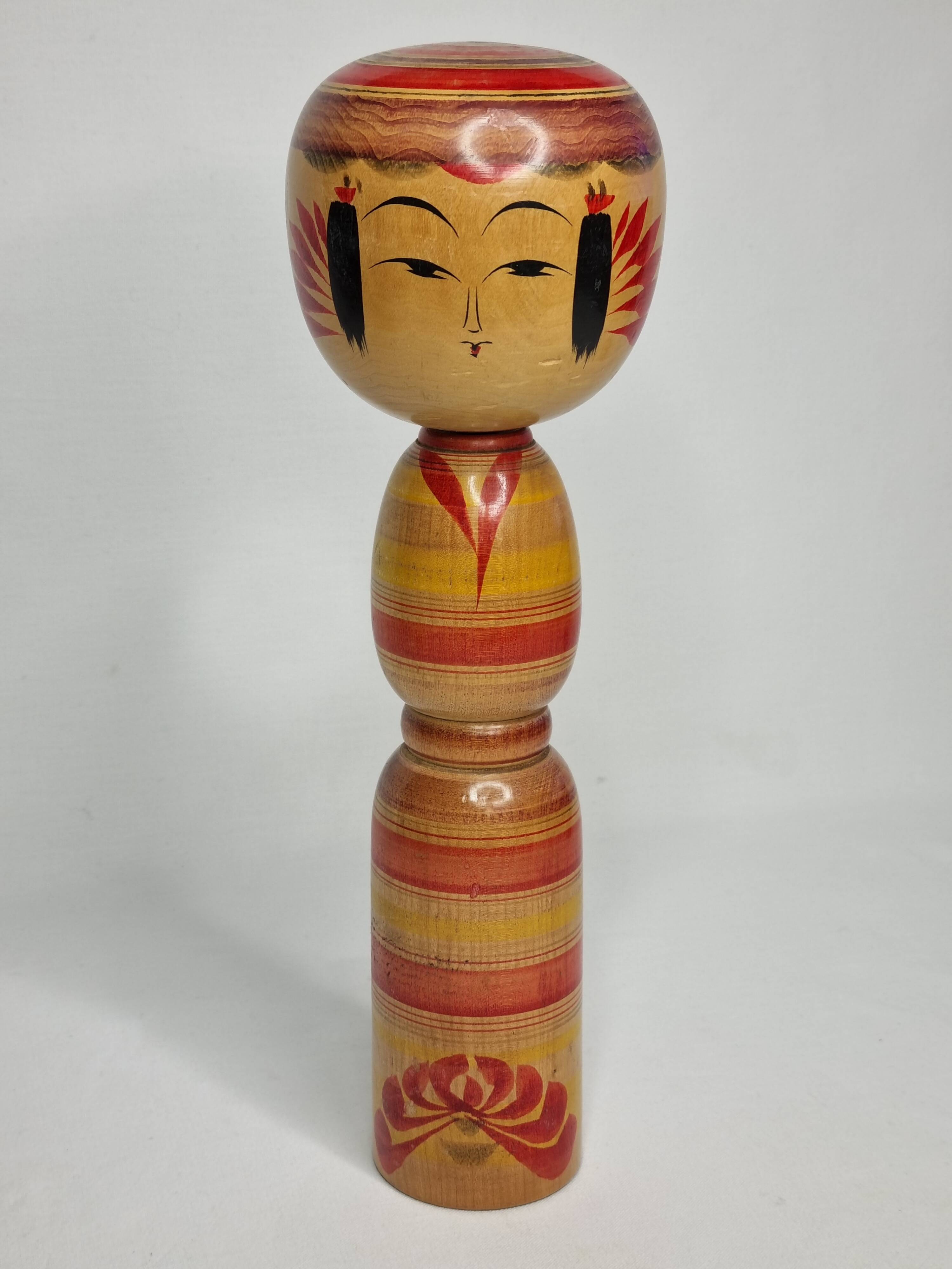 Large traditional Japanese Kokeshi doll dated 1958, hand painted, 30 cm