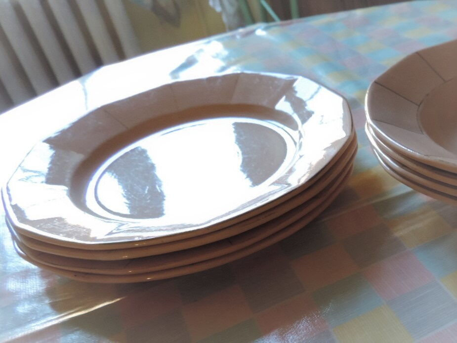 Set of eight pink plates in digoin sarreguemines