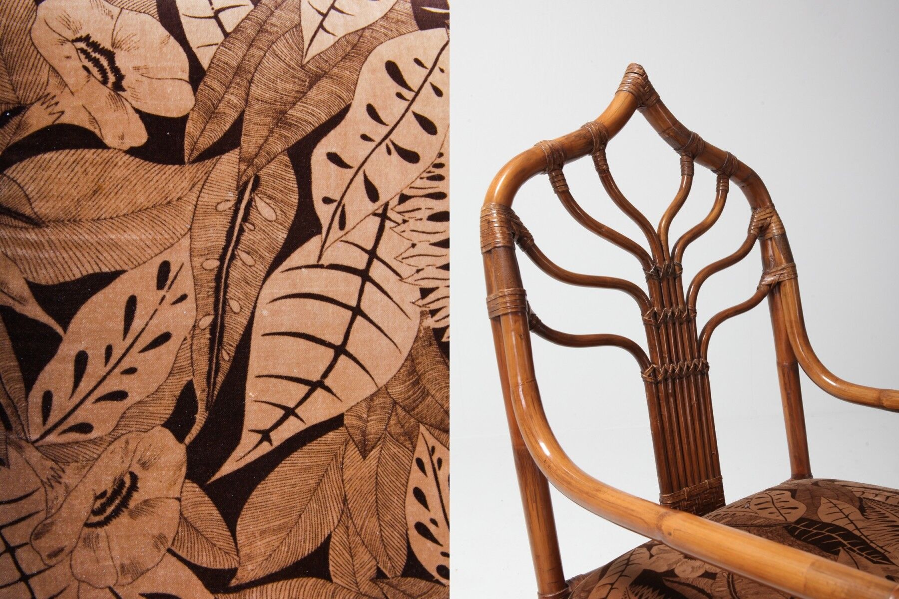 Set of bamboo lounge chairs with Italian 1960 floral cushions