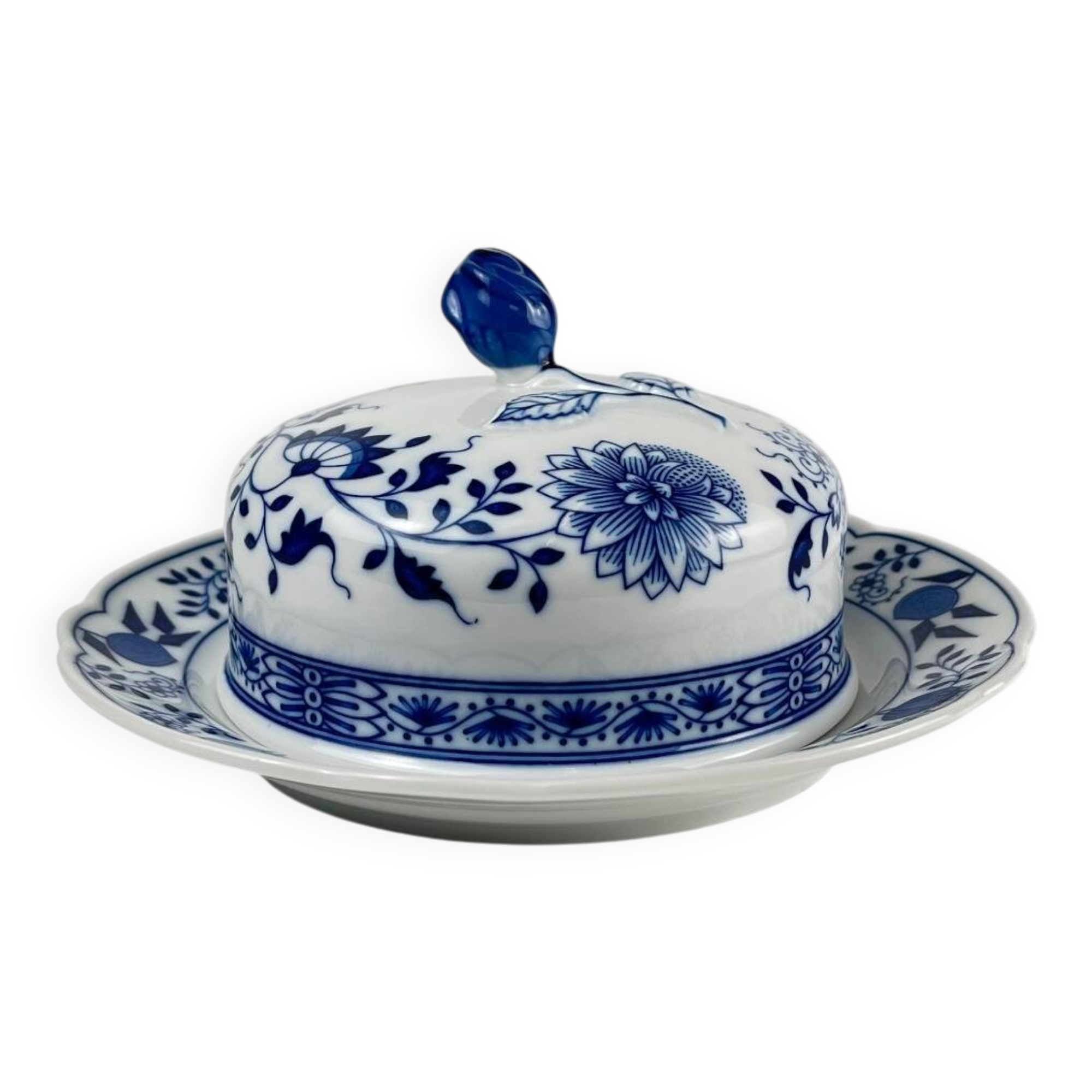 Rare Large Round Butter Dish Hutschenreuther Blue Onion Porcelain Germany