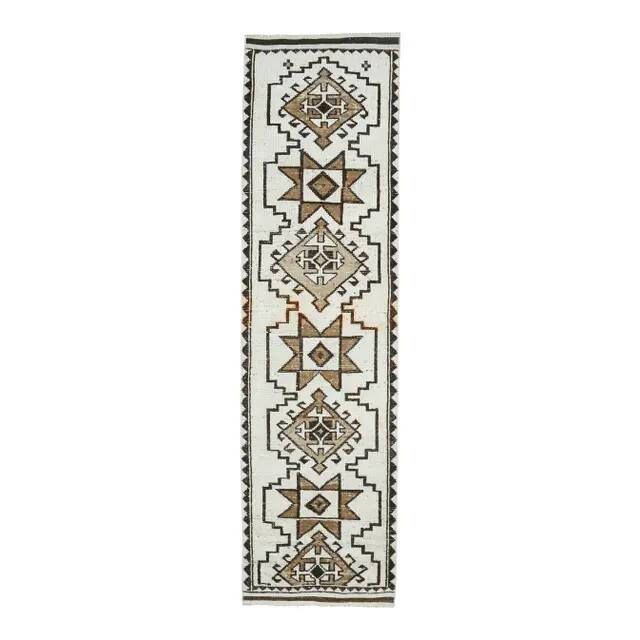 Vintage Turkish Oushak handmade wool cotton white runner rug  91x340