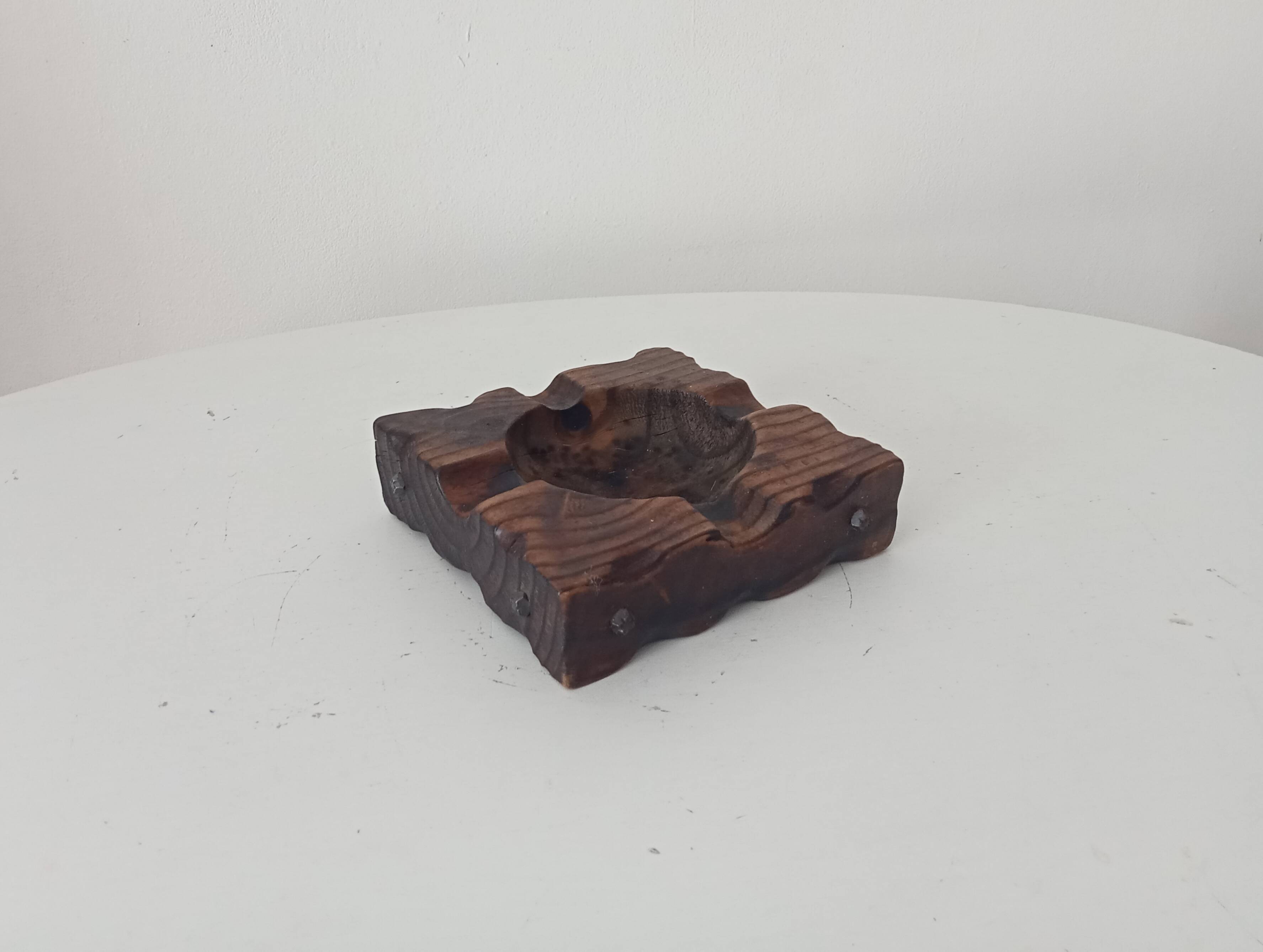Brutalist vintage ashtray from the 1960s, carved wood.