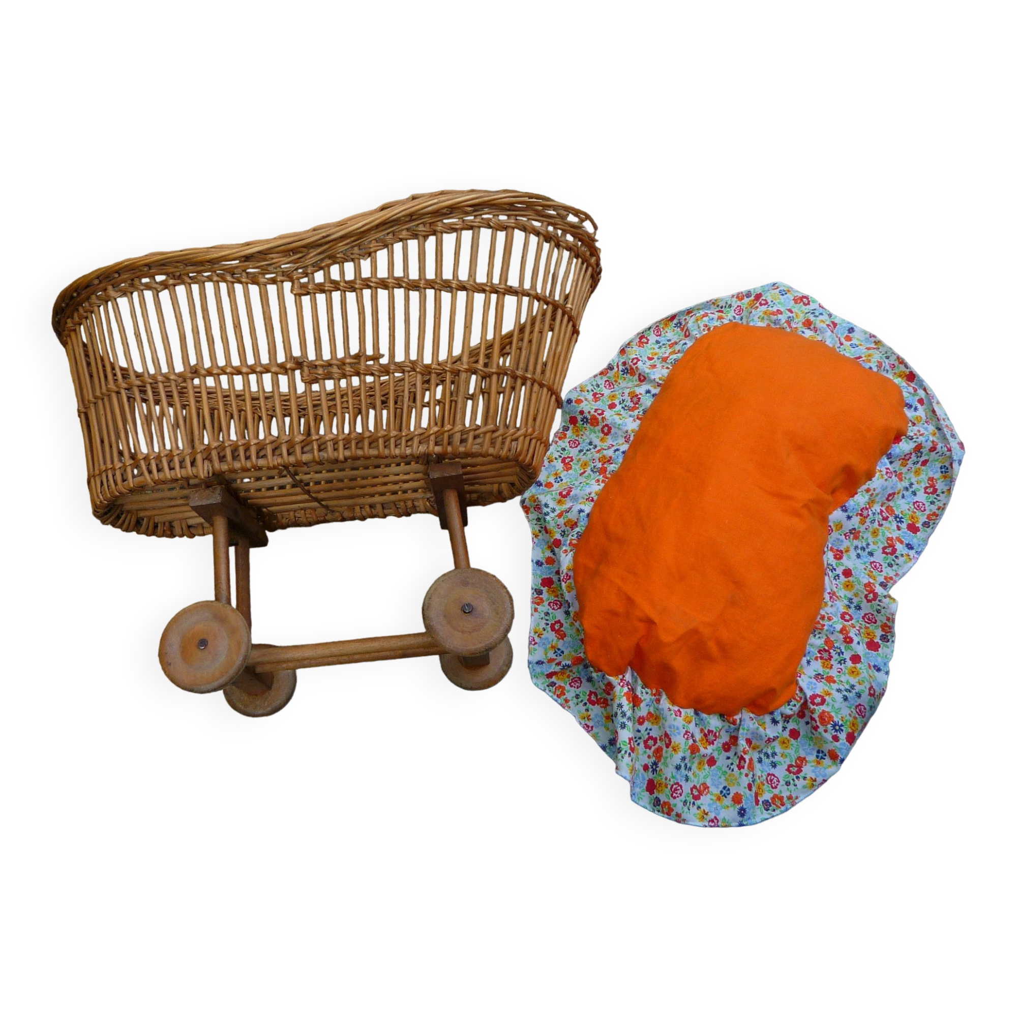 Pram/doll rattan crib, old 1950s toy