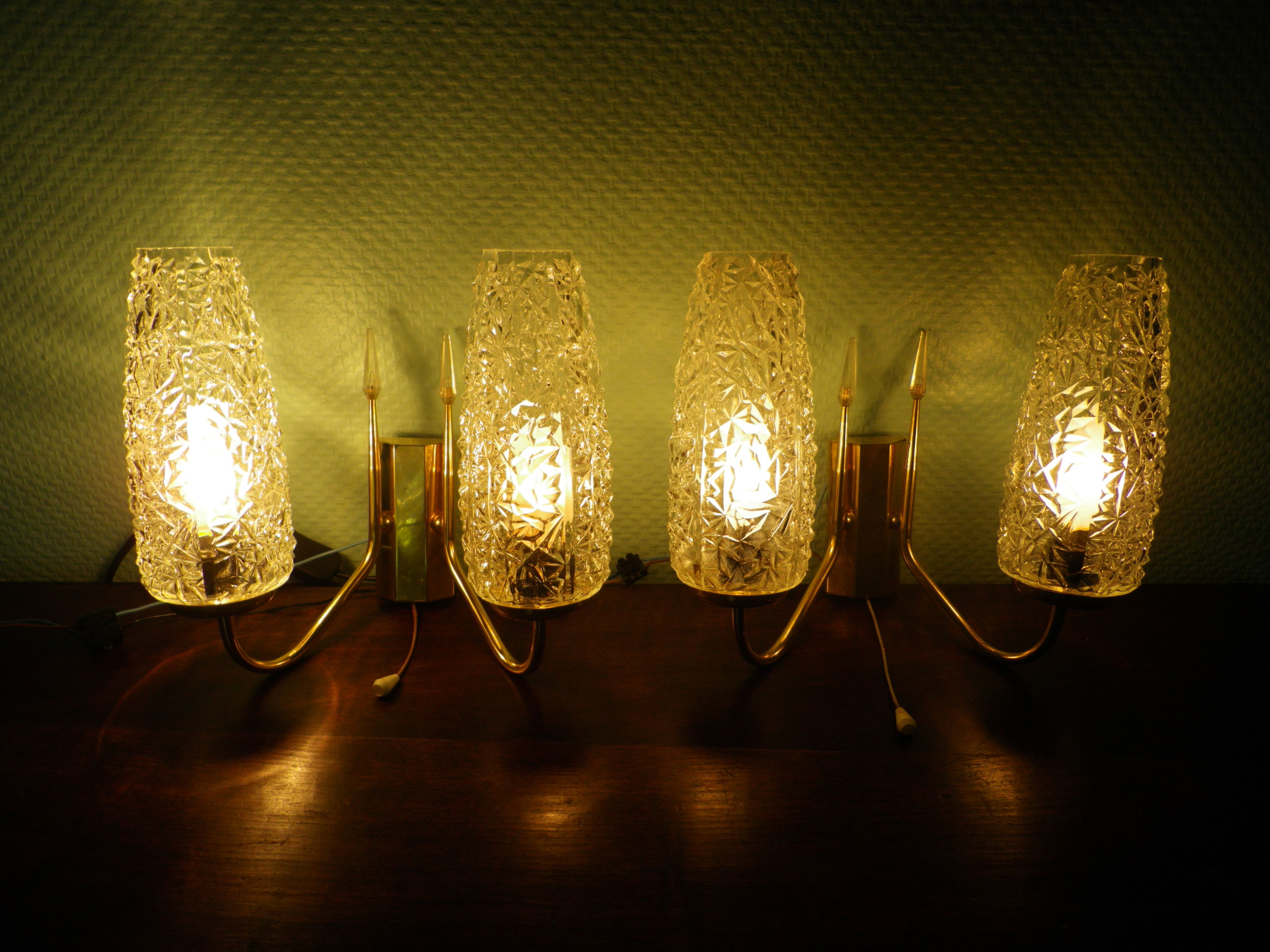 Wall lamps double lighting, with drawer, gilded metal, lampshade in worked glass - 1970