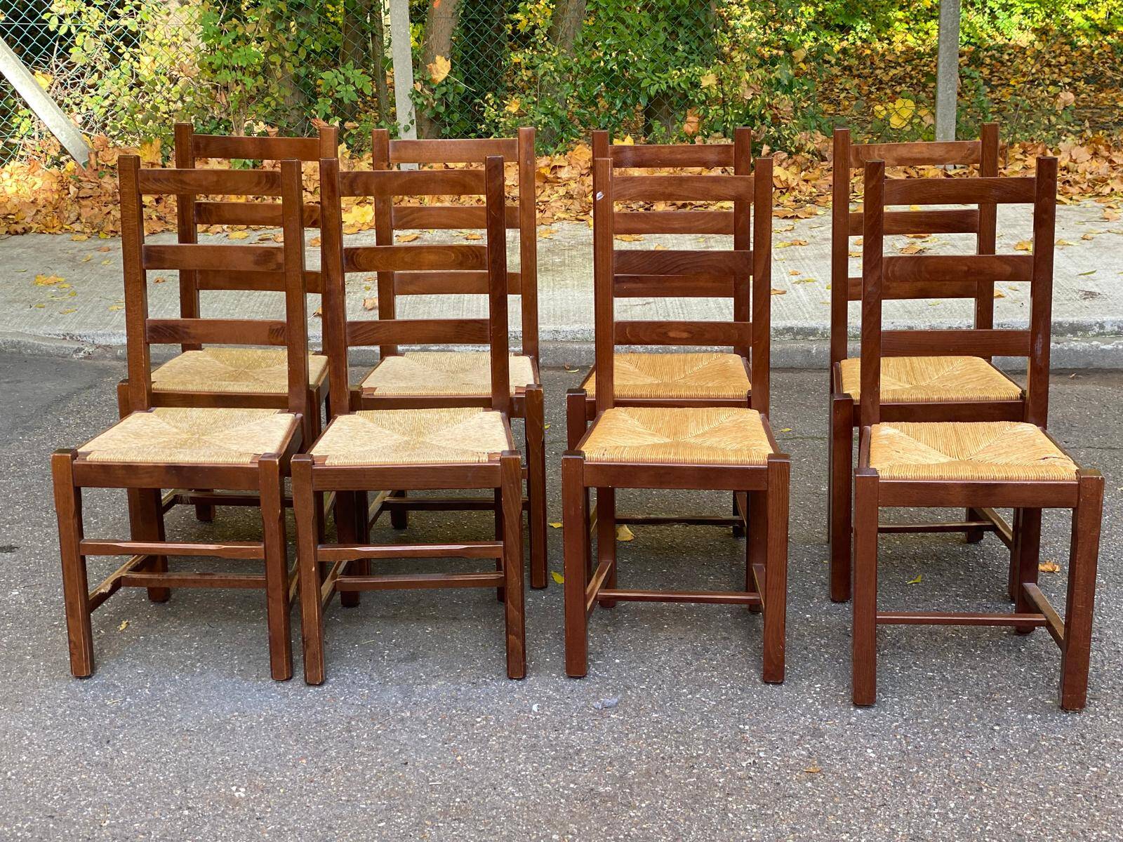 8 solid wood dining chairs with straw seats, farmhouse style