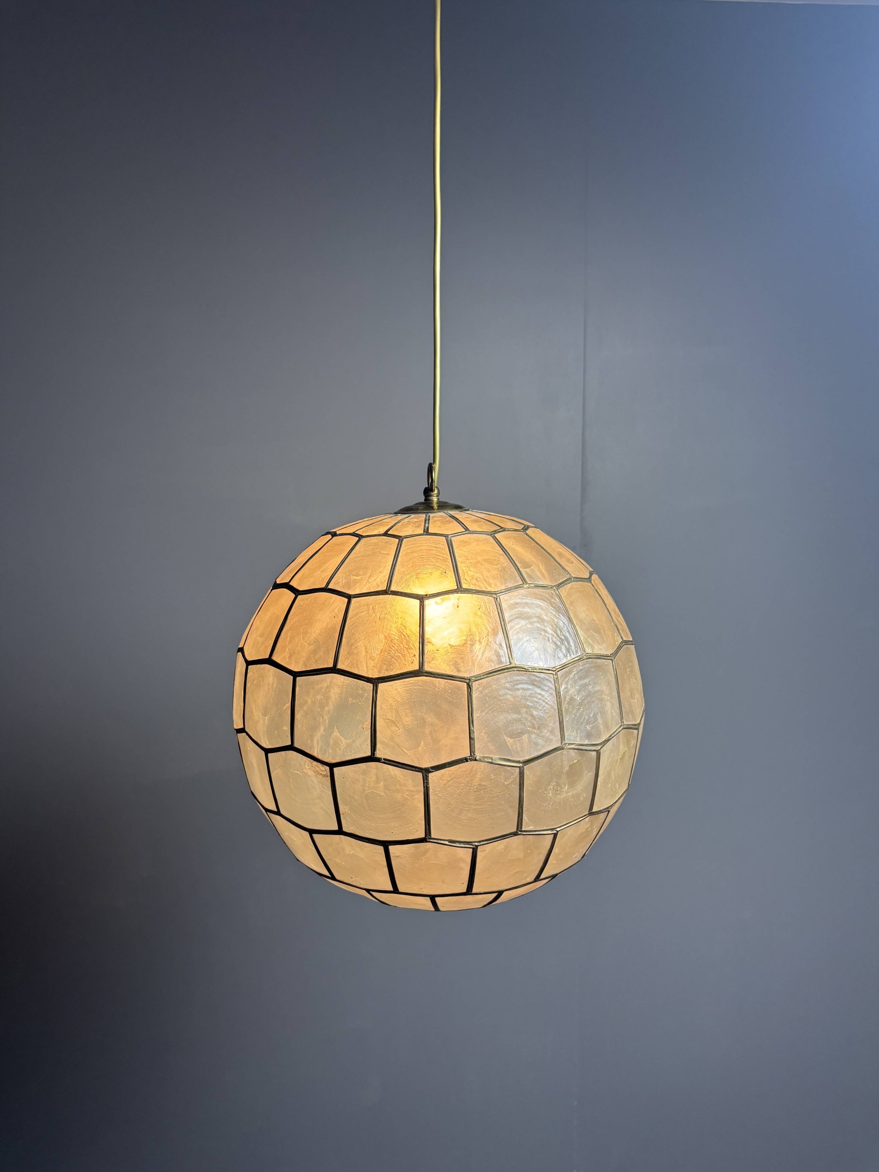 Midcentury mother of pearl Capiz shell & brass sphere large pendant, 1960s