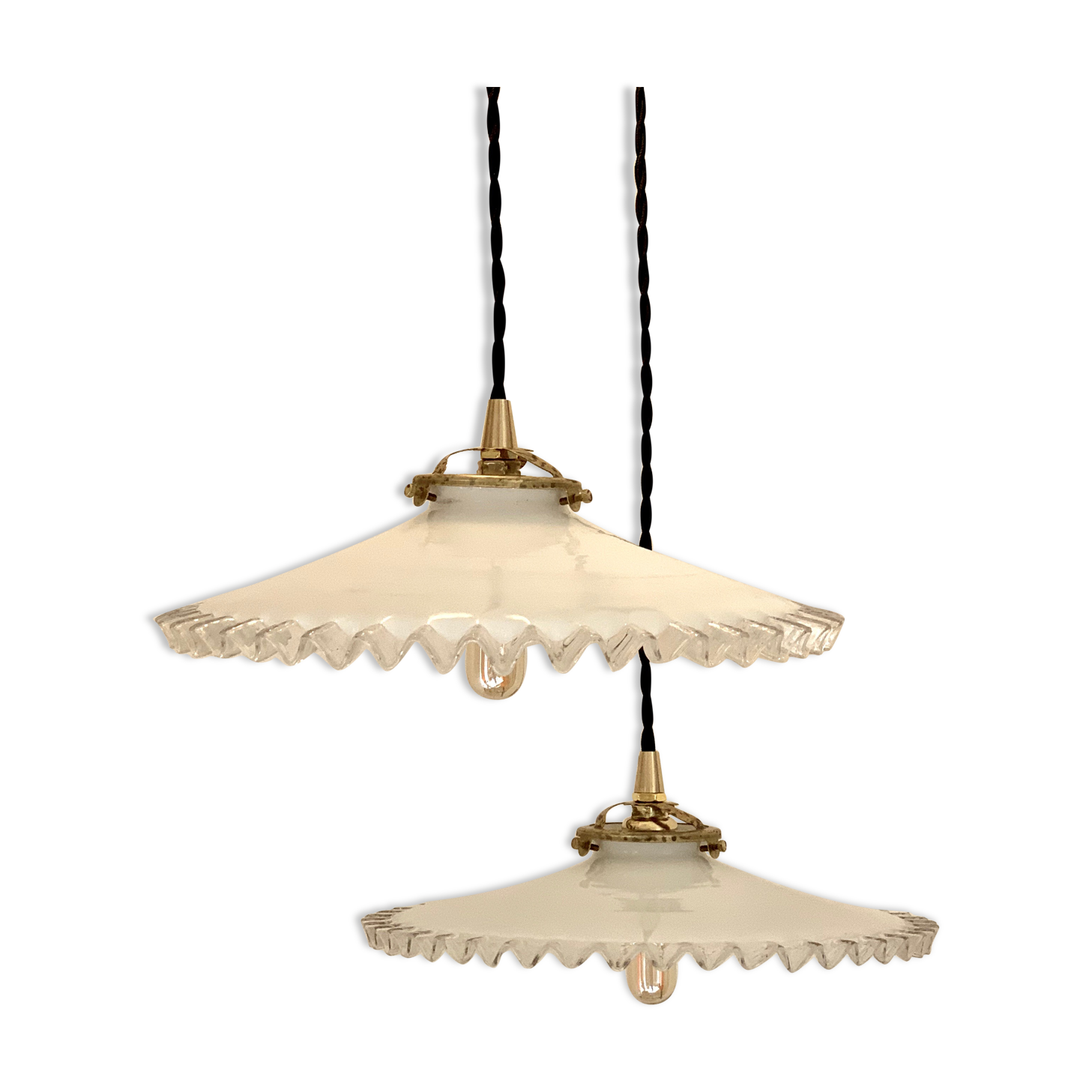 Pair of serrated opaline bistro pendant lamps