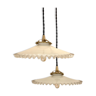 Pair of serrated opaline bistro pendant lamps