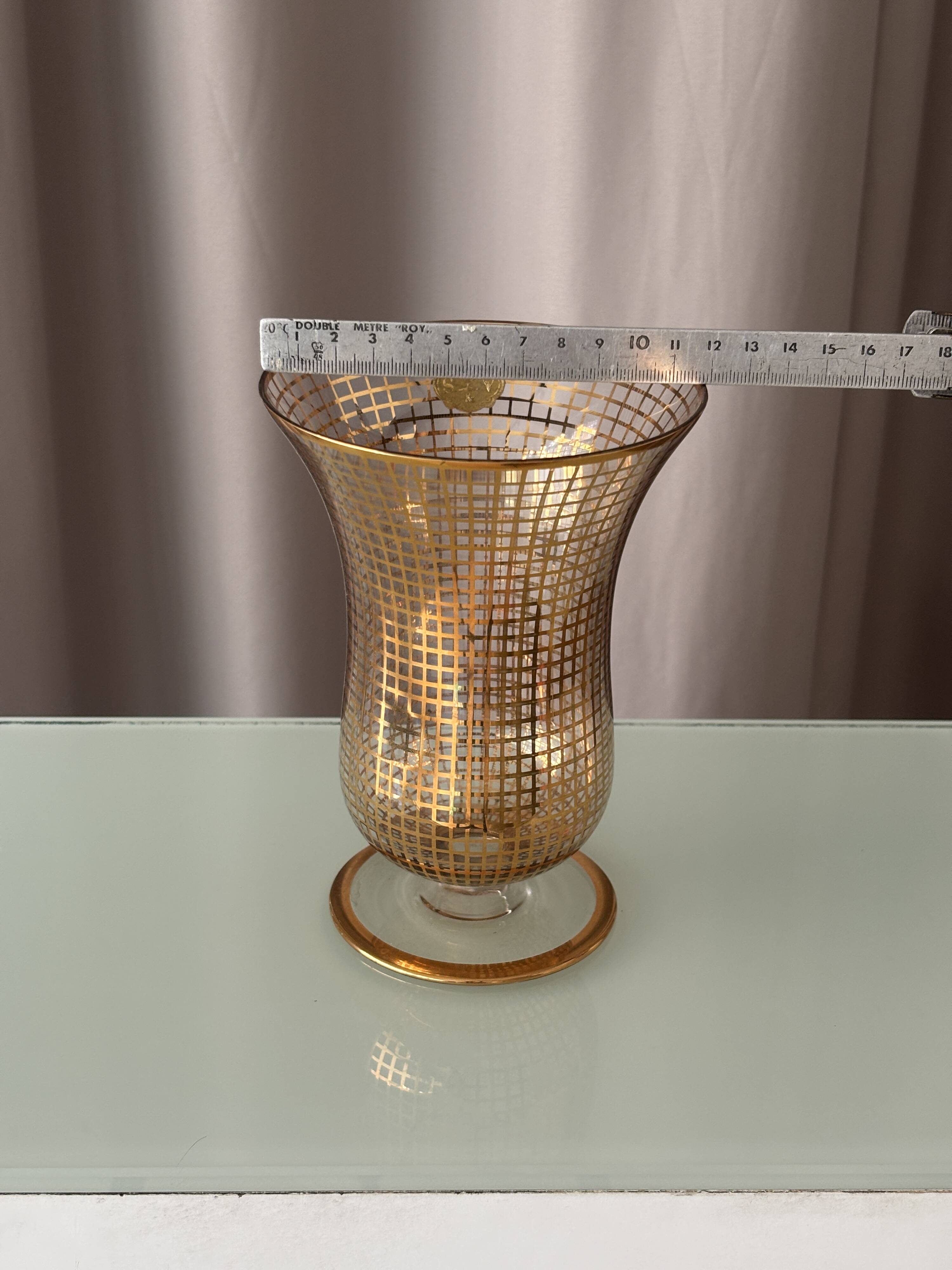 Art Deco Gilded Glass Vase with Geometric Gold Grid Decoration