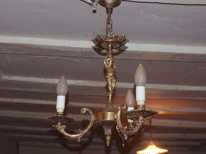 Vintage Italian bronze brass three-branch female figurine chandelier c. 1950s