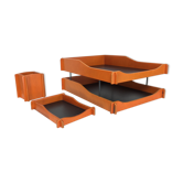 70's orange wood desk set, sorter, vintage pencil jar