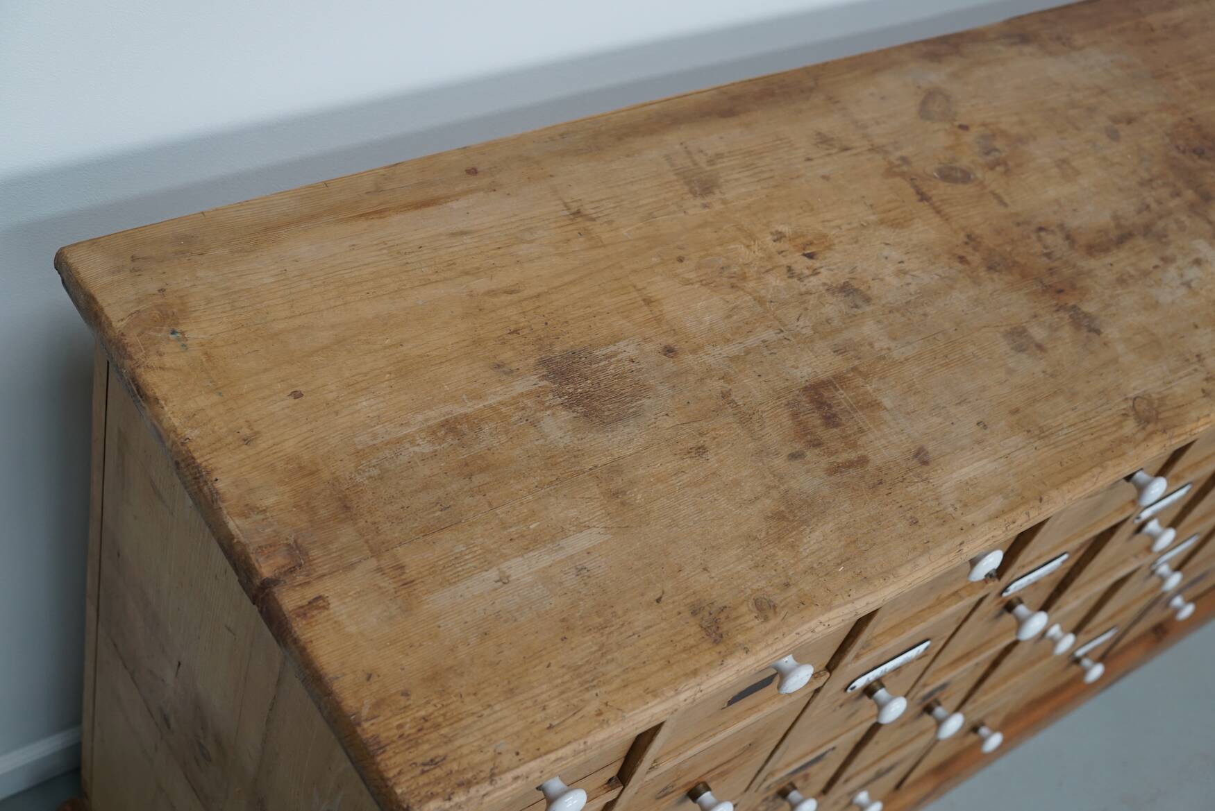 Antique German Pine Apothecary Cabinet with Enamel Shields, 1900s