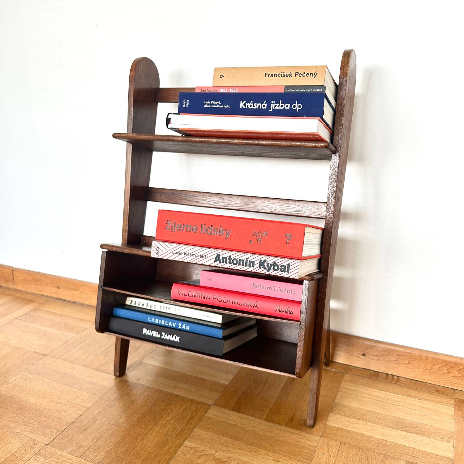 Handheld/carry-on bookcase, design A. Bocek for Krasna Jizba, Czechoslovakia, 1949