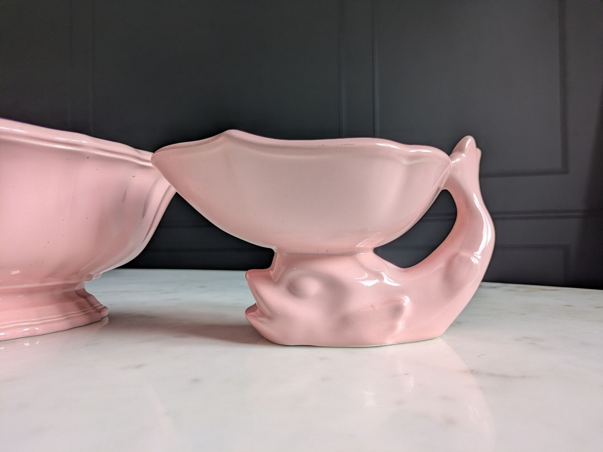 Vintage powder pink earthenware duo. Salins les Bains. 1950s.