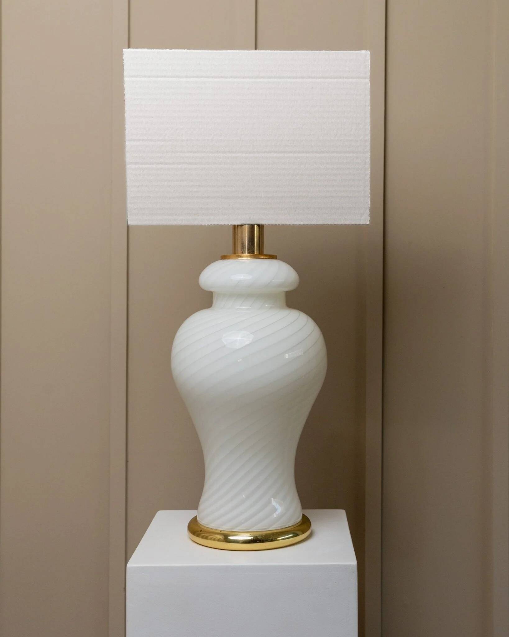 XXL Murano White Opaline Glass Table Lamp, 1970s Mid-Century Swirl, Mouth-Blown Italy