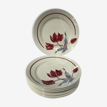 10 assiettes plates Badonviller modèle Juliette  tulipes bordeaux