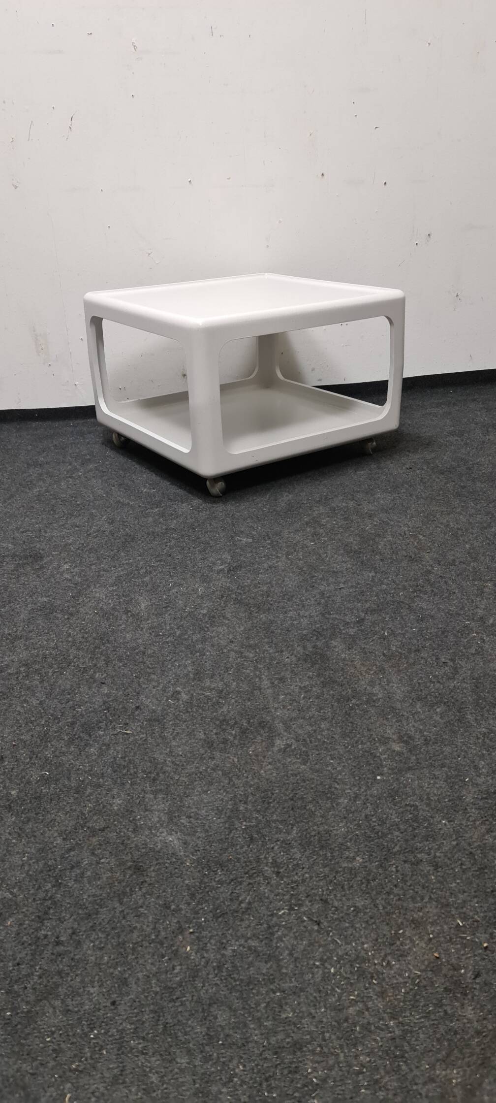 Vintage,white cubed side or coffee tableon wheels