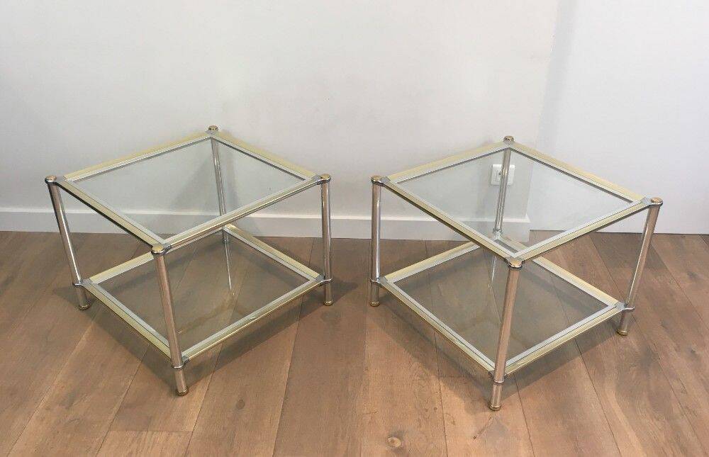Pair of chrome, gold and silver side tables