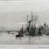 Tableau gravure originale Rowland Langmaid (1897/1956) "London Bridge"