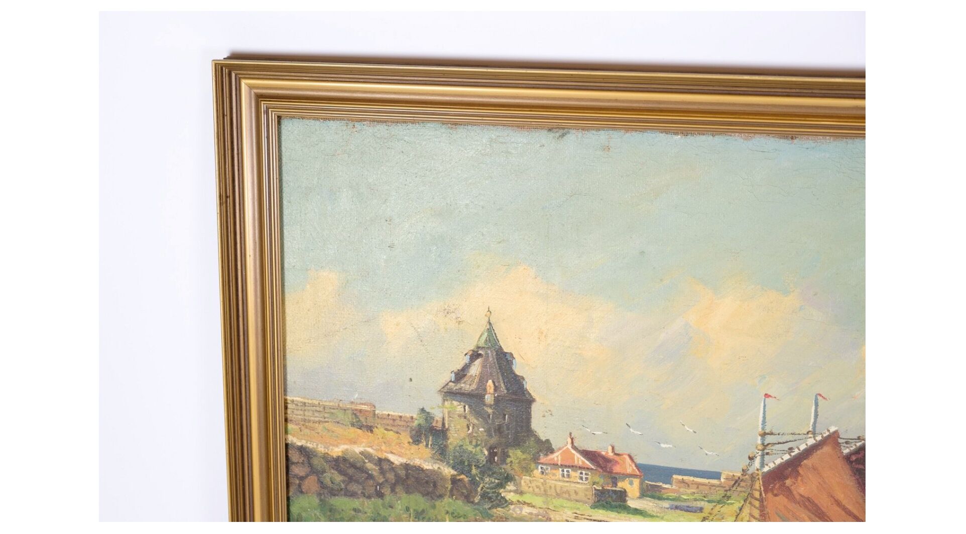 Oil painting on canvas with motif of fishing boats near shore